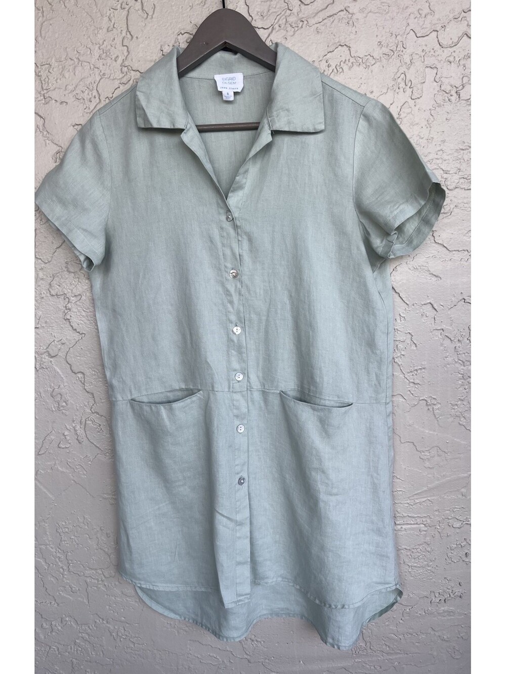 Sigrid Olsen Short Sleeves Linen Dress size Small Light Sage Green Front Pockets